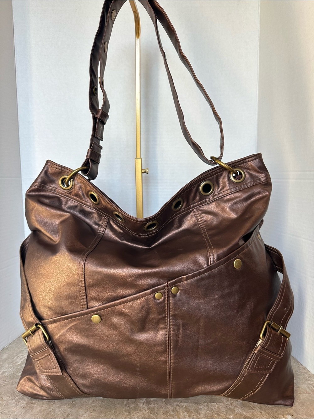 Y2K Bronze Metallic Slouchy Hobo Bag Grommet Buckle Large Grunge Glam Purse